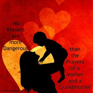 Silhouette of a mother lifting her child high, against a red background with yellow and orange hearts.